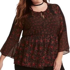 Torrid 1 Sheer Peasant Blouse Chiffon Lace Bell Sleeves Rose Print